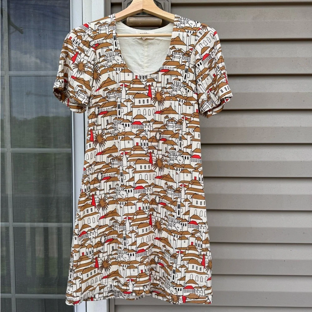 Anthropologie Porridge Short-Sleeve Crew-Neck Linen Printed Mini Dress - Picture 2 of 7